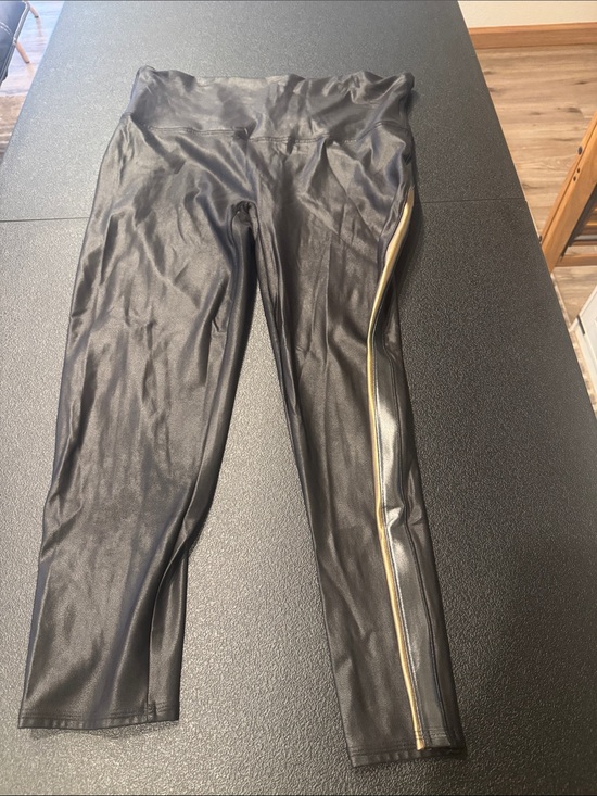 SPANX Pants - SPANX Black Faux Leather Leggings with Gold & Silver Side Stripe size plus 3X.